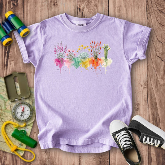 Watercolor Saguaro Wildflowers Kids Cotton T-Shirt