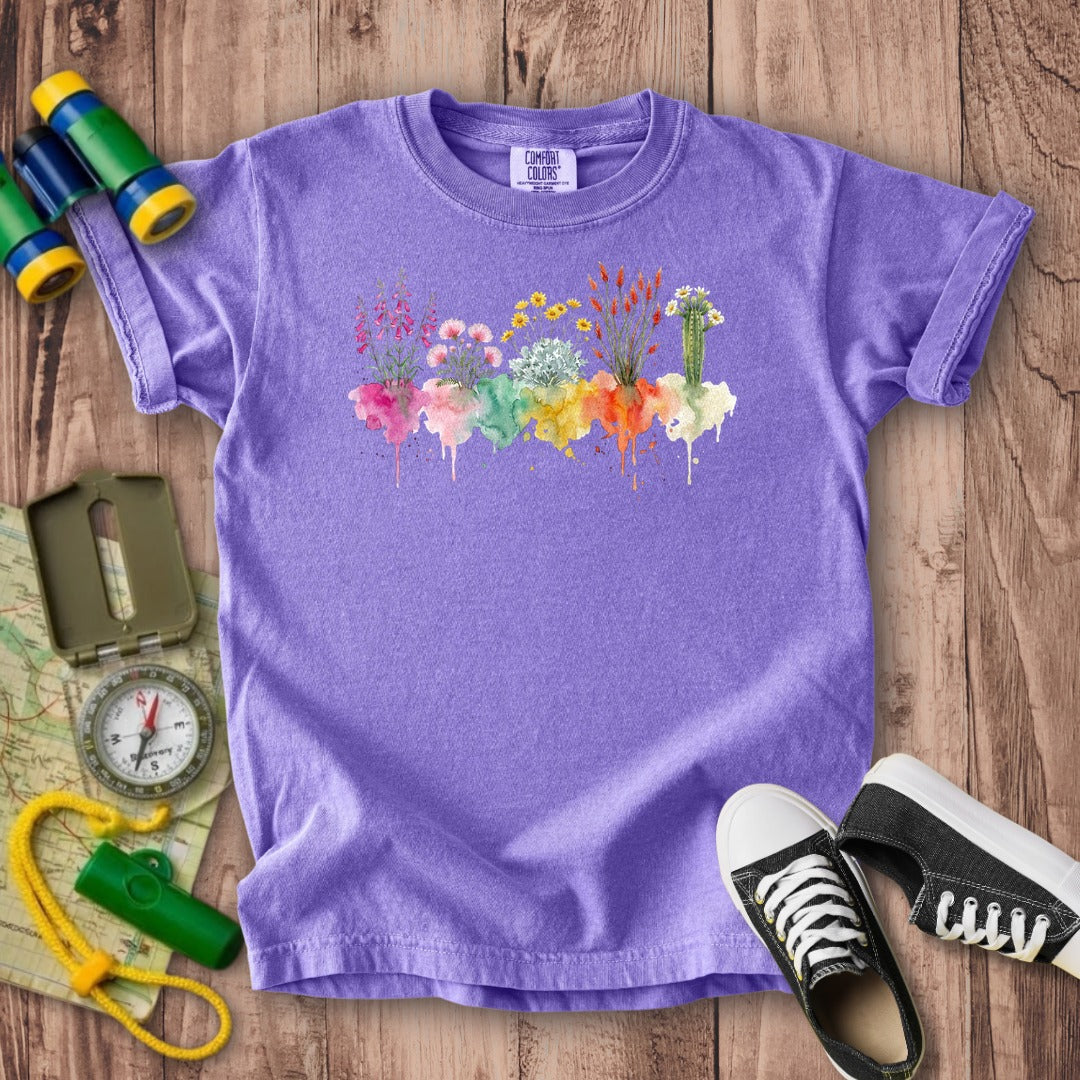 Watercolor Saguaro Wildflowers Kids Cotton T-Shirt