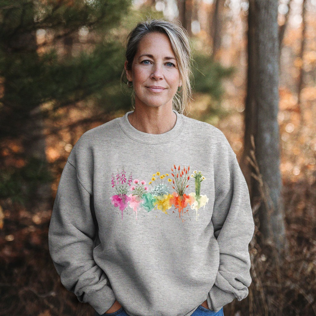 Watercolor Saguaro Wildflowers Crewneck Sweatshirt