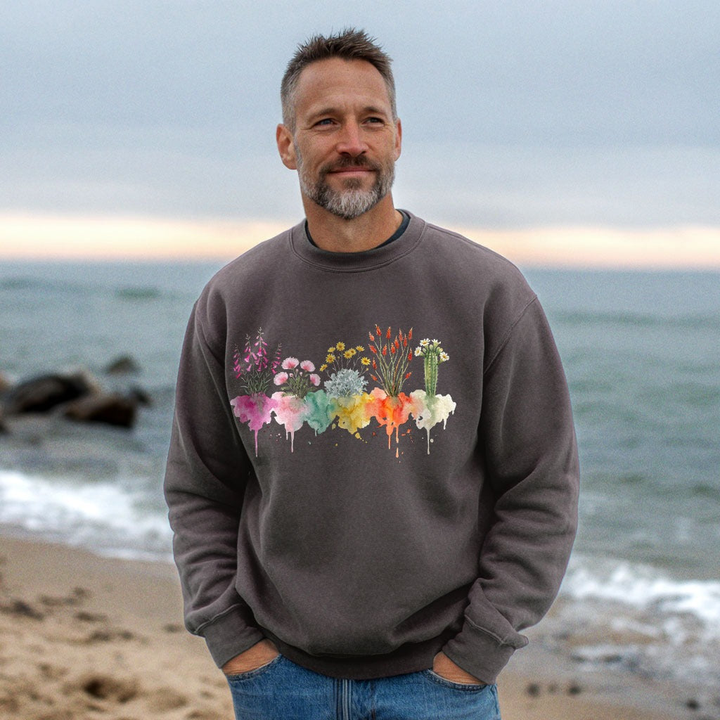 Watercolor Saguaro Wildflowers Crewneck Sweatshirt