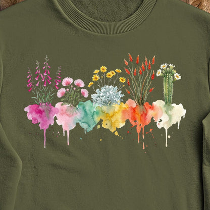 Watercolor Saguaro Wildflowers Crewneck Sweatshirt