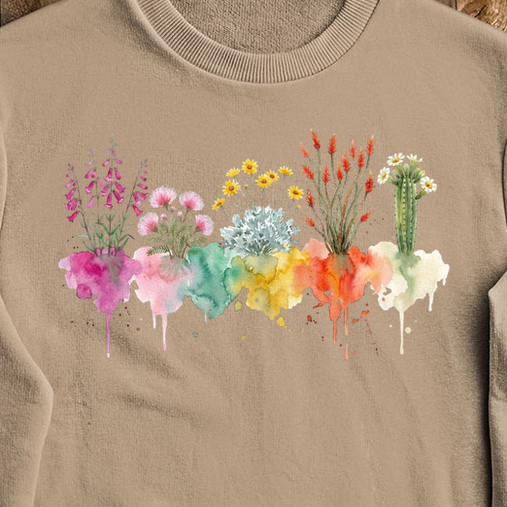 Watercolor Saguaro Wildflowers Crewneck Sweatshirt