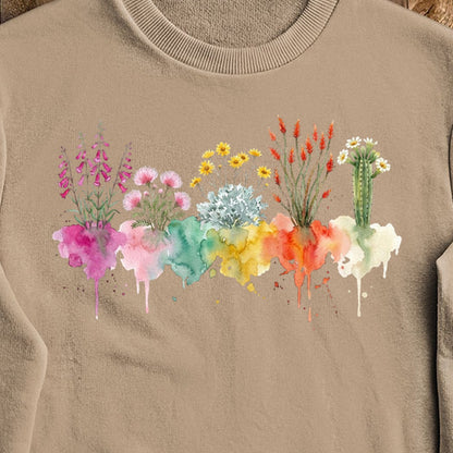 Watercolor Saguaro Wildflowers Crewneck Sweatshirt