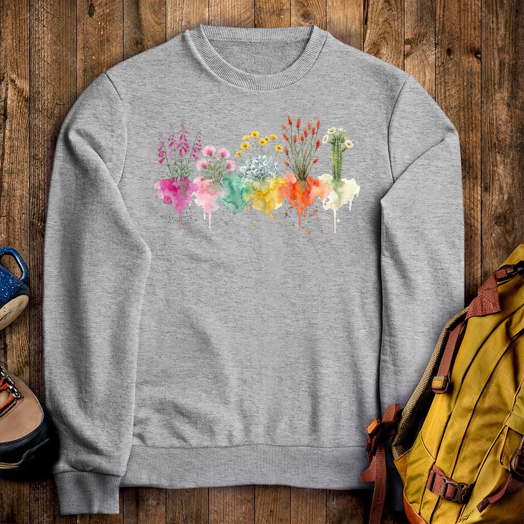 Watercolor Saguaro Wildflowers Crewneck Sweatshirt