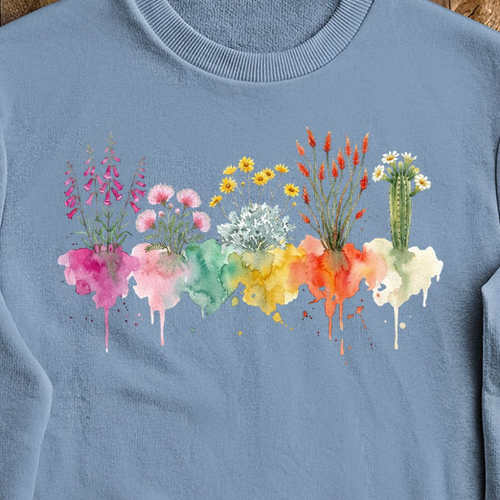 Watercolor Saguaro Wildflowers Crewneck Sweatshirt