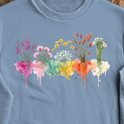 Watercolor Saguaro Wildflowers Crewneck Sweatshirt