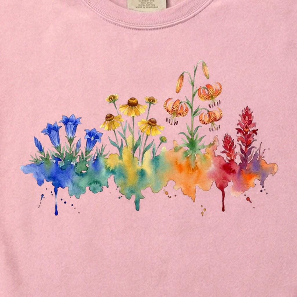 Watercolor Sequoia Wildflowers Cotton T-Shirt