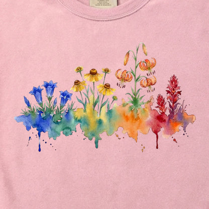 Watercolor Sequoia Wildflowers Cotton T-Shirt