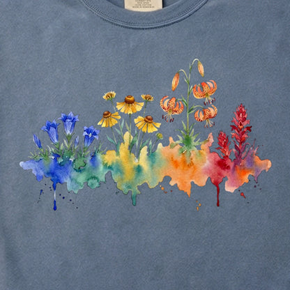 Watercolor Sequoia Wildflowers Cotton T-Shirt