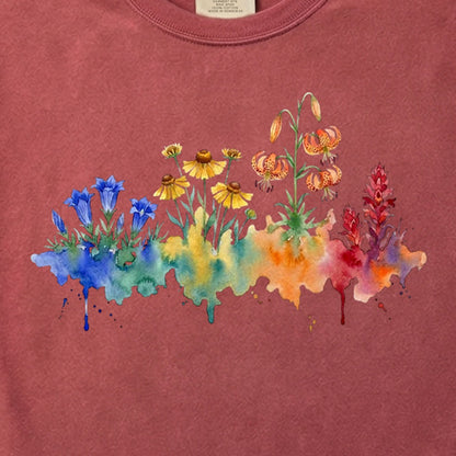 Watercolor Sequoia Wildflowers Cotton T-Shirt