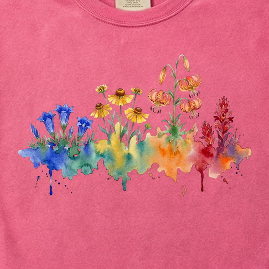 Watercolor Sequoia Wildflowers Cotton T-Shirt