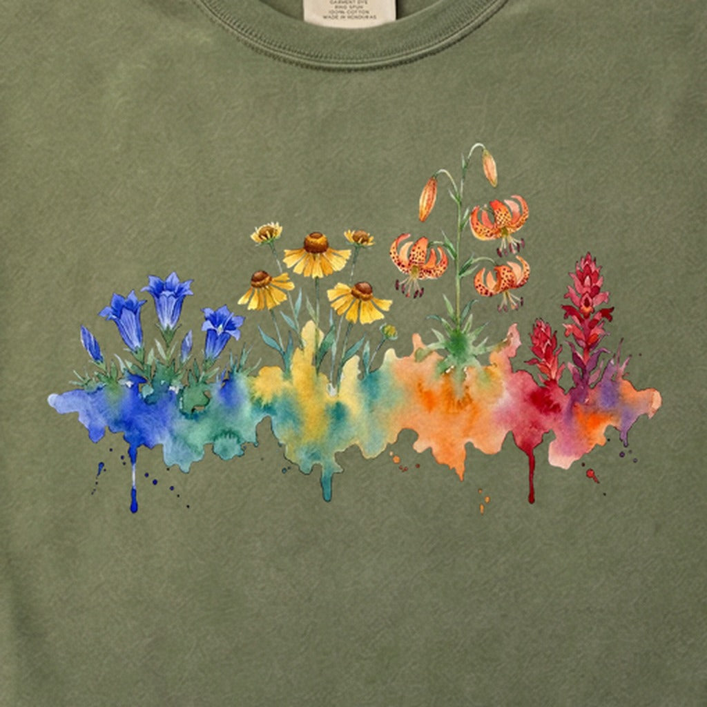Watercolor Sequoia Wildflowers Cotton T-Shirt