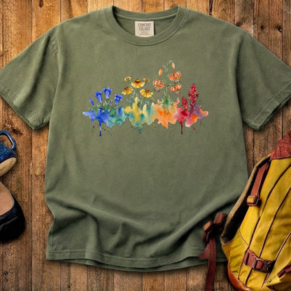 Watercolor Sequoia Wildflowers Cotton T-Shirt