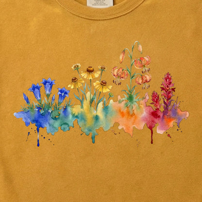 Watercolor Sequoia Wildflowers Cotton T-Shirt