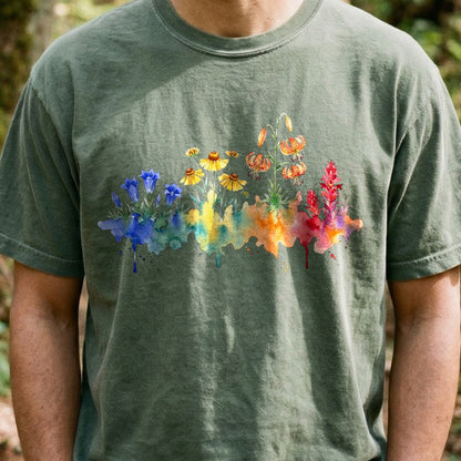 Watercolor Sequoia Wildflowers Cotton T-Shirt