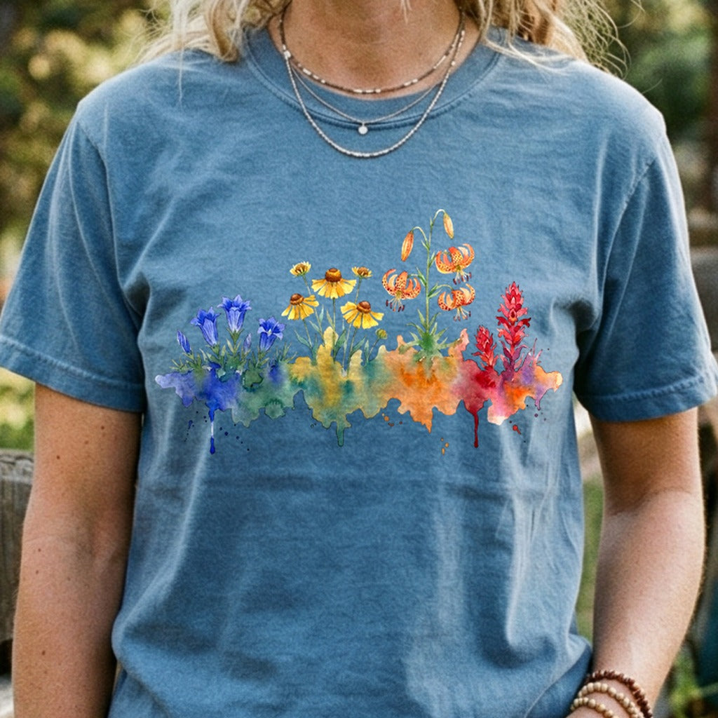 Watercolor Sequoia Wildflowers Cotton T-Shirt