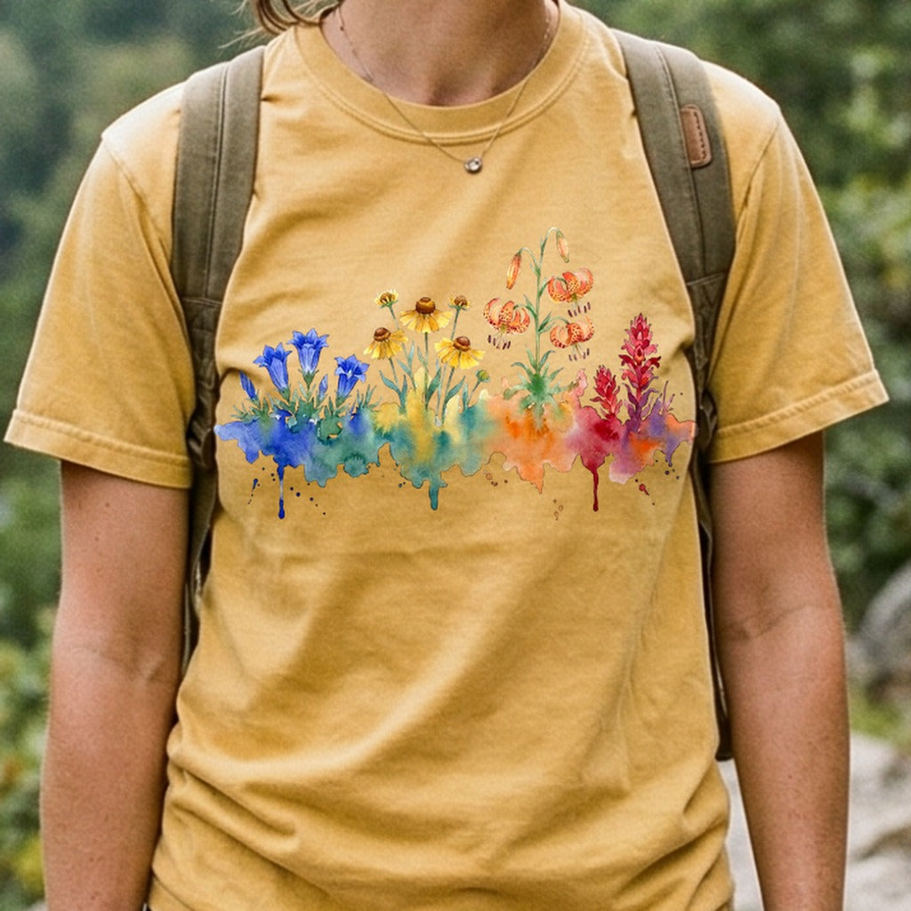 Watercolor Sequoia Wildflowers Cotton T-Shirt