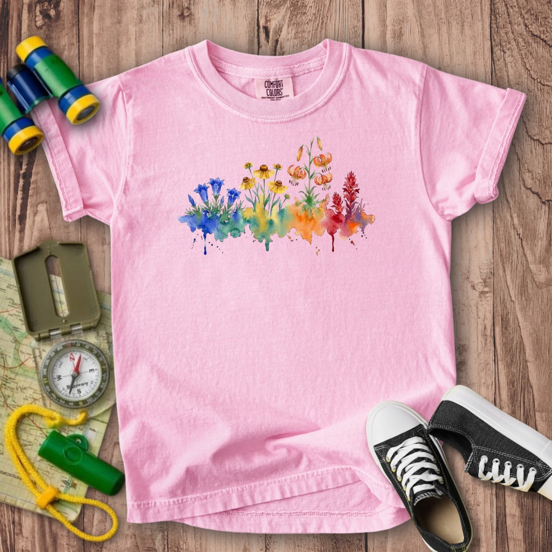 Watercolor Sequoia Wildflowers Kids Cotton T-Shirt