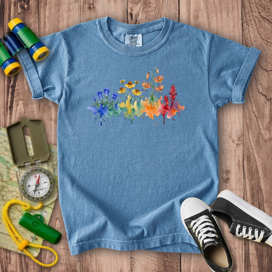 Watercolor Sequoia Wildflowers Kids Cotton T-Shirt