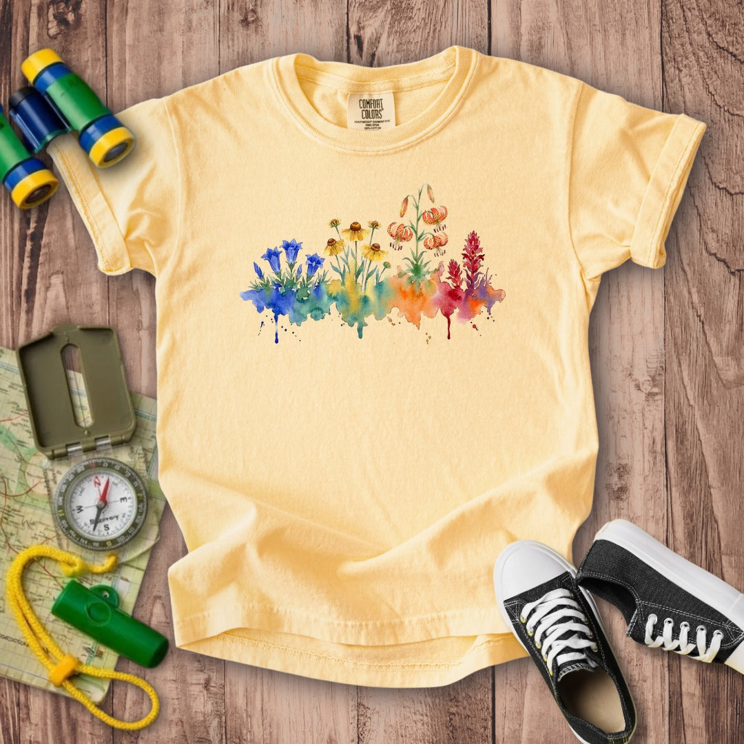 Watercolor Sequoia Wildflowers Kids Cotton T-Shirt