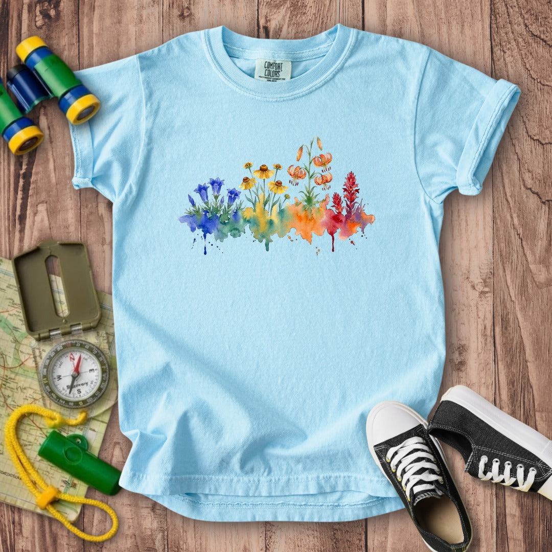 Watercolor Sequoia Wildflowers Kids Cotton T-Shirt