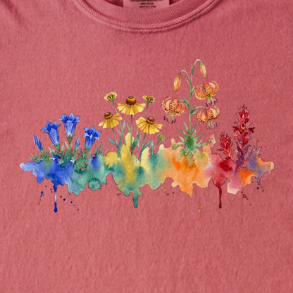 Watercolor Sequoia Wildflowers Kids Cotton T-Shirt