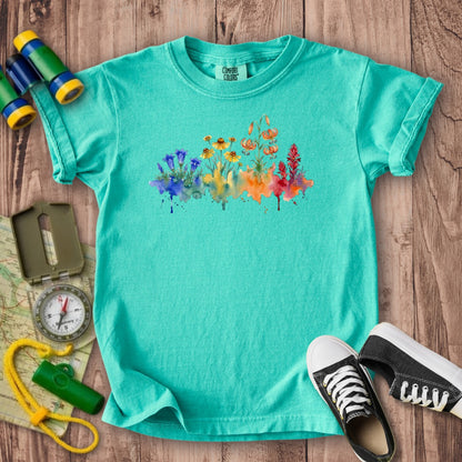 Watercolor Sequoia Wildflowers Kids Cotton T-Shirt