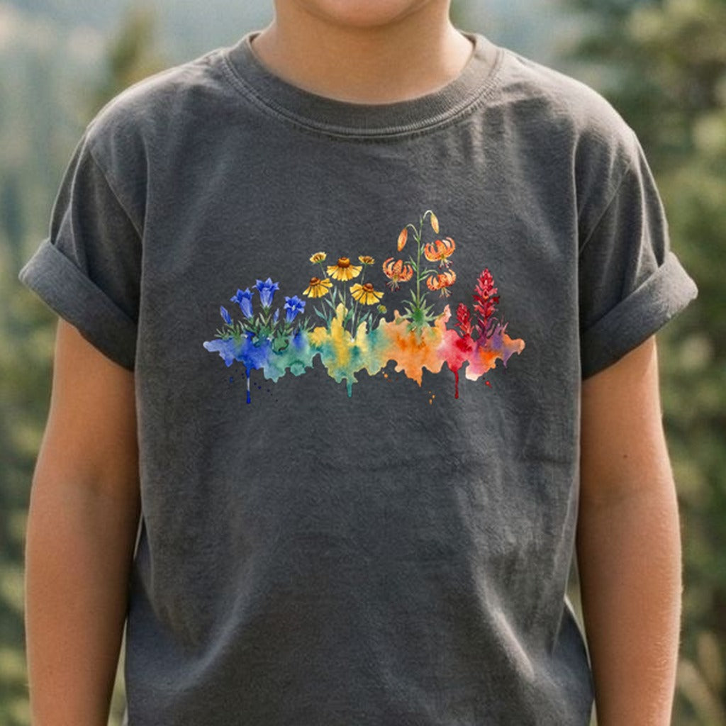 Watercolor Sequoia Wildflowers Kids Cotton T-Shirt