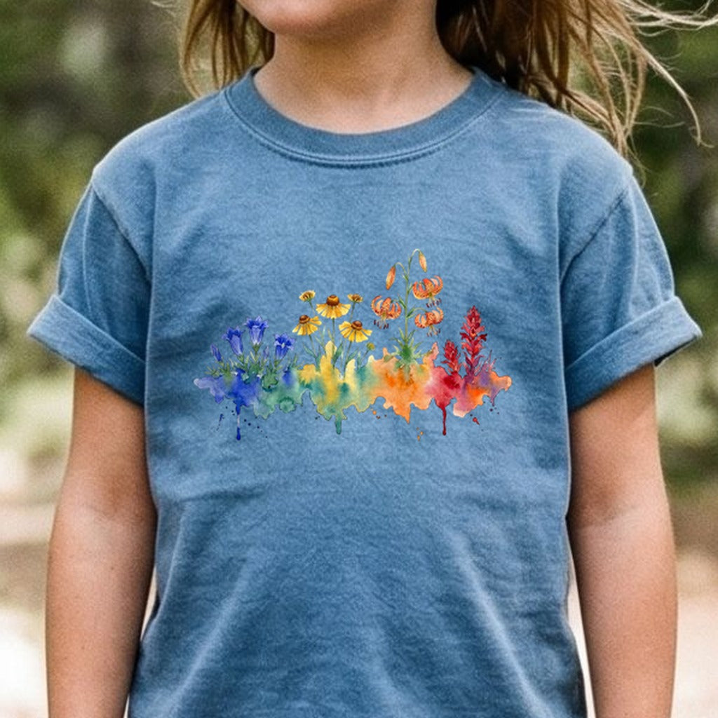 Watercolor Sequoia Wildflowers Kids Cotton T-Shirt