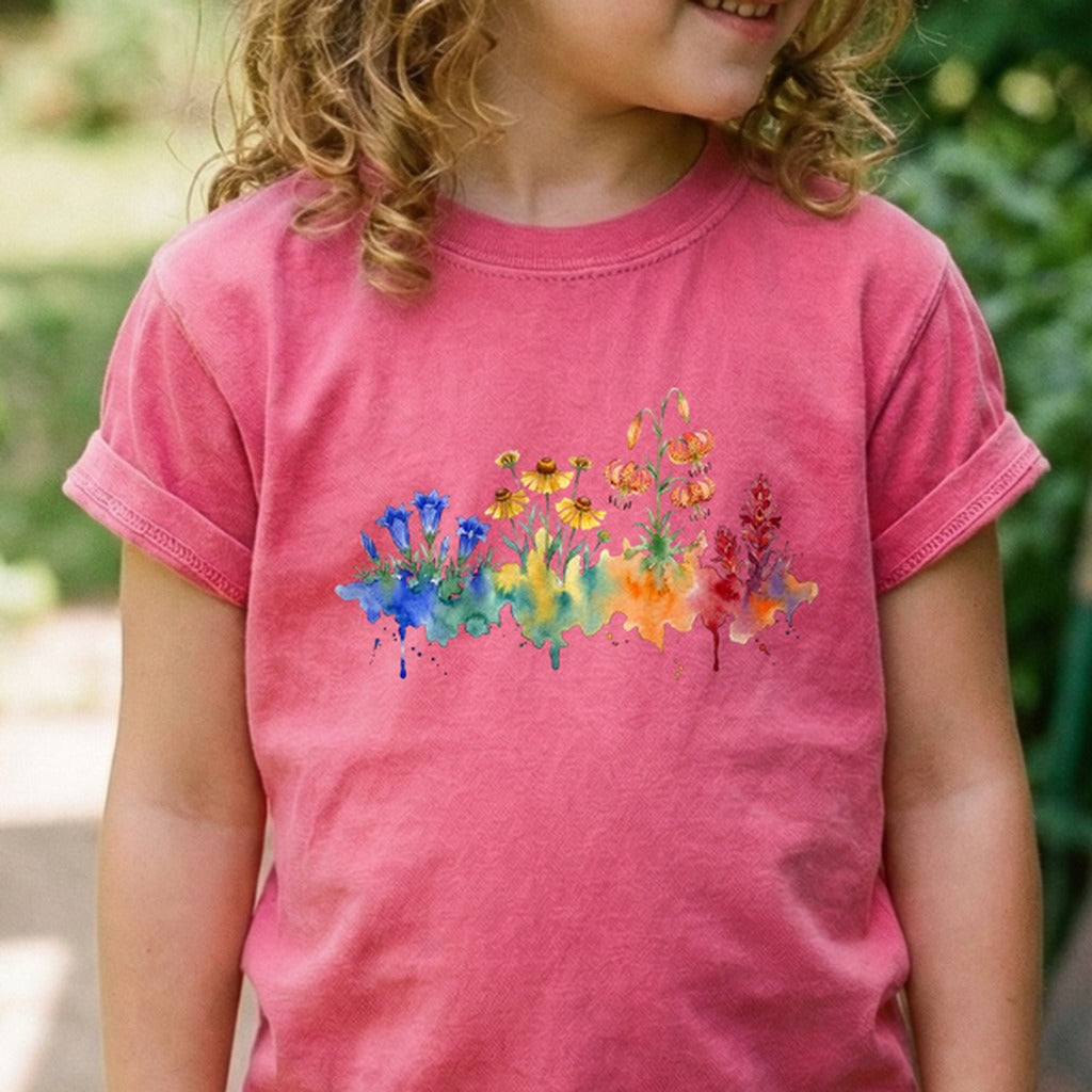 Watercolor Sequoia Wildflowers Kids Cotton T-Shirt