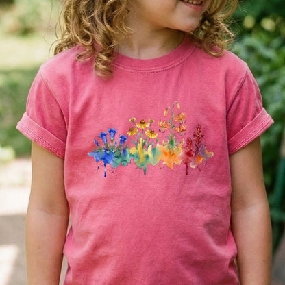Watercolor Sequoia Wildflowers Kids Cotton T-Shirt