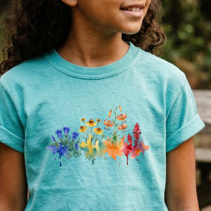 Watercolor Sequoia Wildflowers Kids Cotton T-Shirt