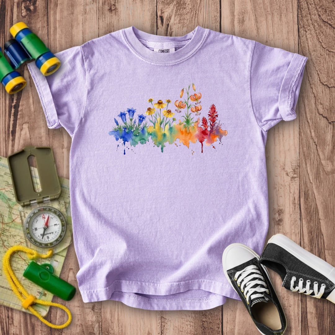 Watercolor Sequoia Wildflowers Kids Cotton T-Shirt