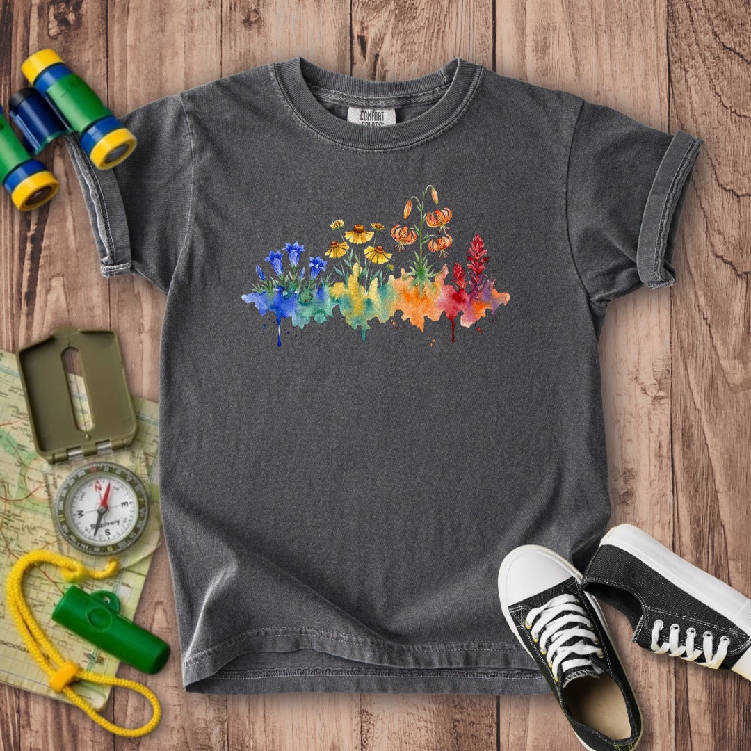 Watercolor Sequoia Wildflowers Kids Cotton T-Shirt