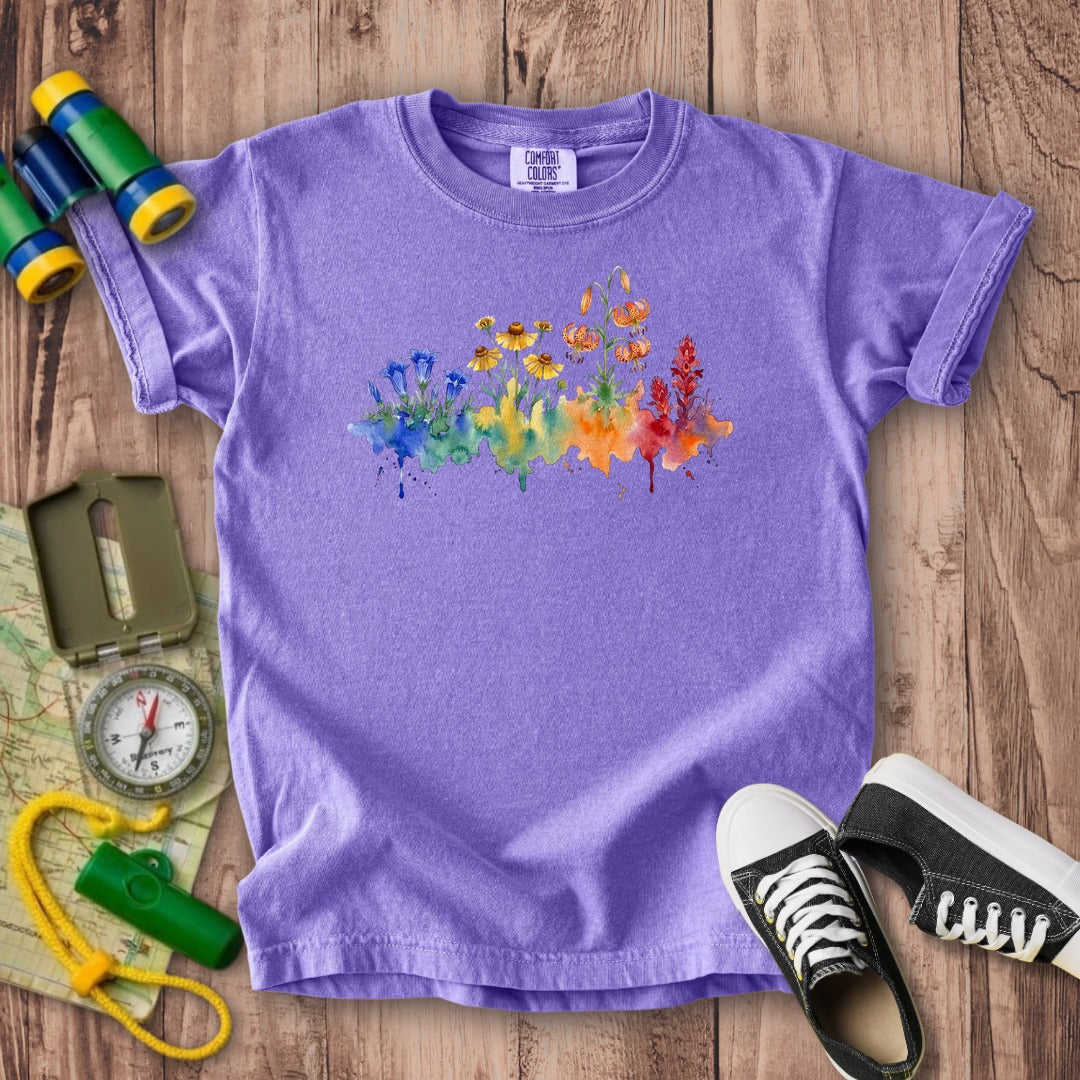 Watercolor Sequoia Wildflowers Kids Cotton T-Shirt