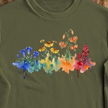 Watercolor Sequoia Wildflowers Crewneck Sweatshirt