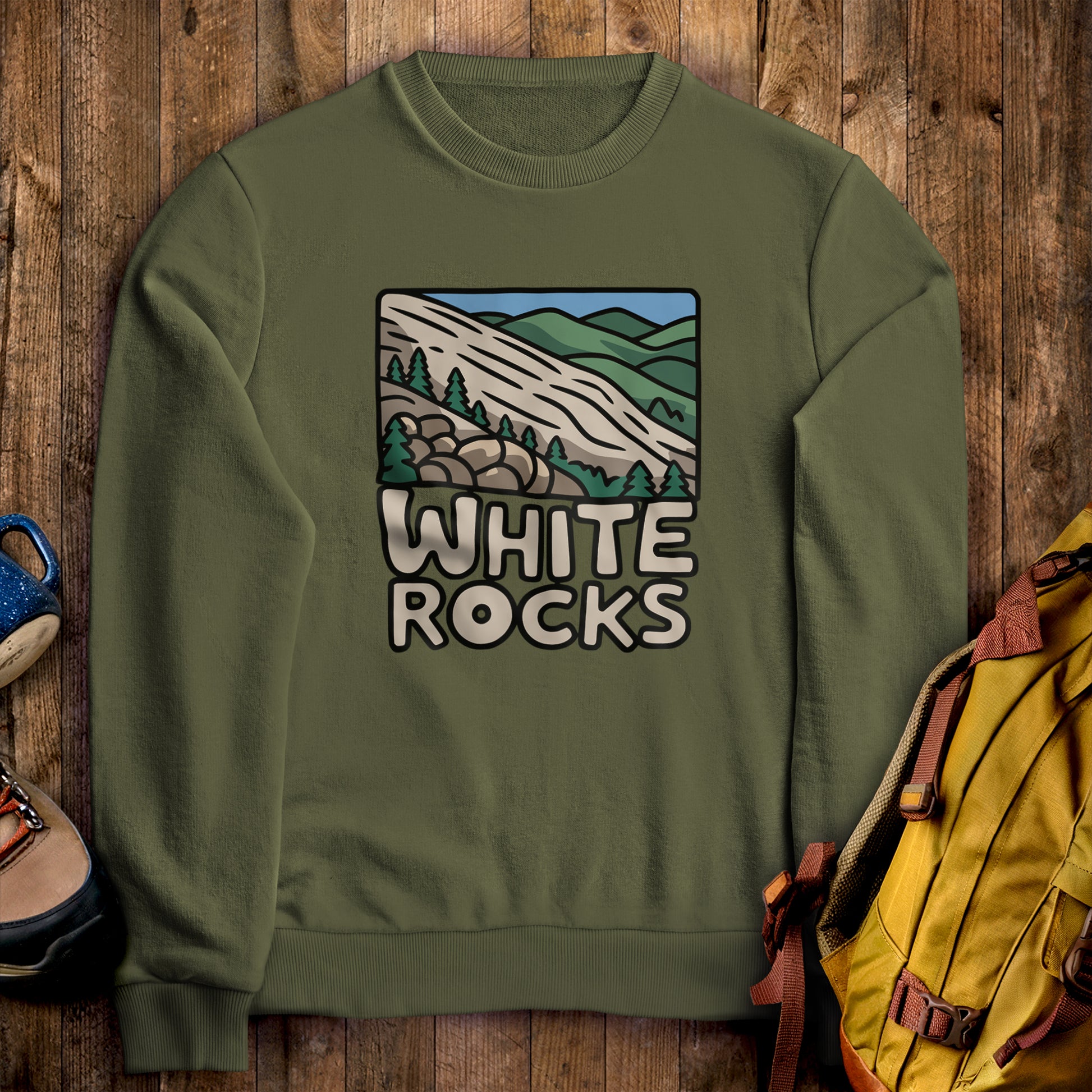 White Rocks National Recreation Area Crewneck Sweatshirt Military Green Adventure and Outdoors Themed Sweatshirt