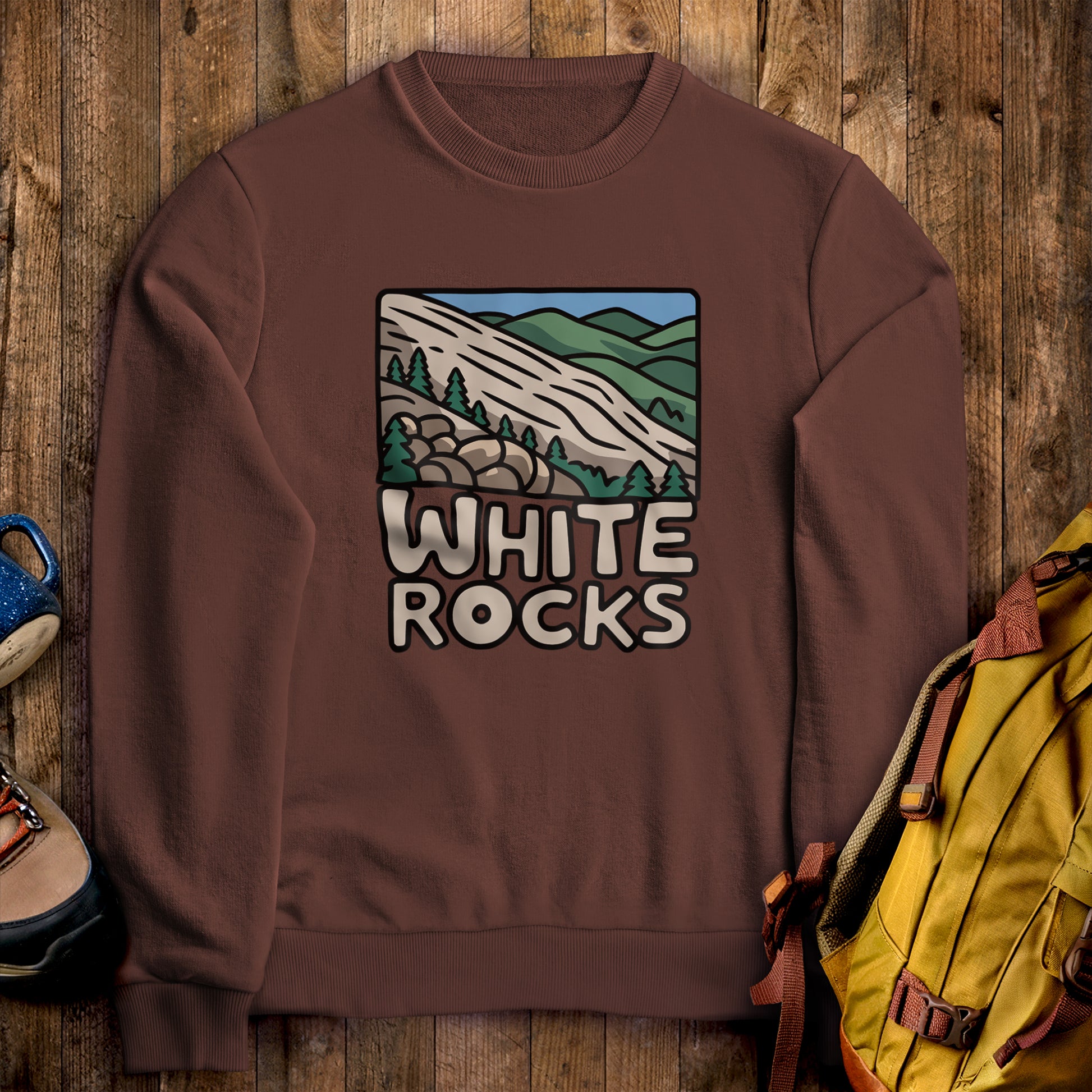 White Rocks National Recreation Area Crewneck Sweatshirt Cocoa Adventure and Outdoors Themed Sweatshirt