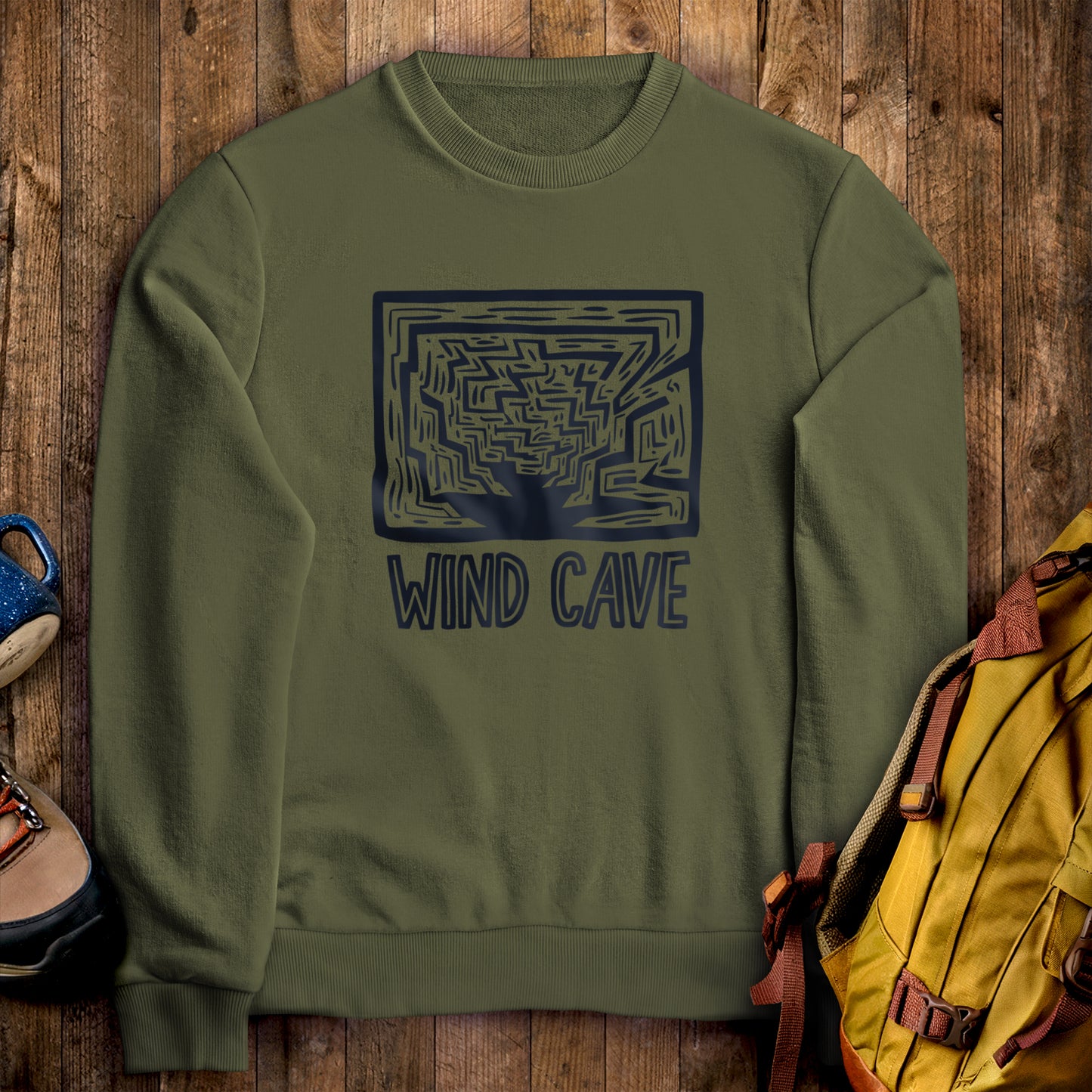 Wind Cave National Park Crewneck Sweatshirt Military Green Adventure and Outdoors Themed Sweatshirt
