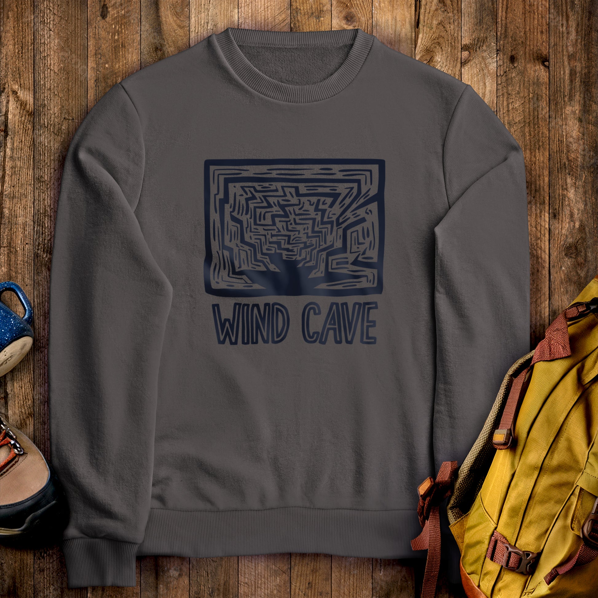 Wind Cave National Park Crewneck Sweatshirt Charcoal Adventure and Outdoors Themed Sweatshirt