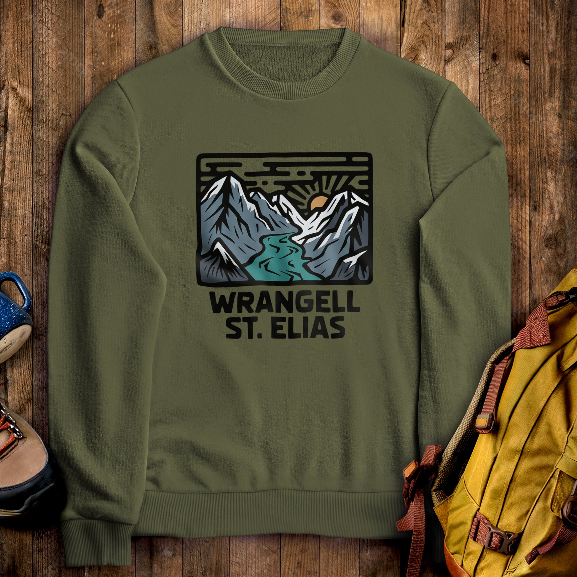 Wrangell-St. Elias National Park Crewneck Sweatshirt Military Green Adventure and Outdoors Themed Sweatshirt