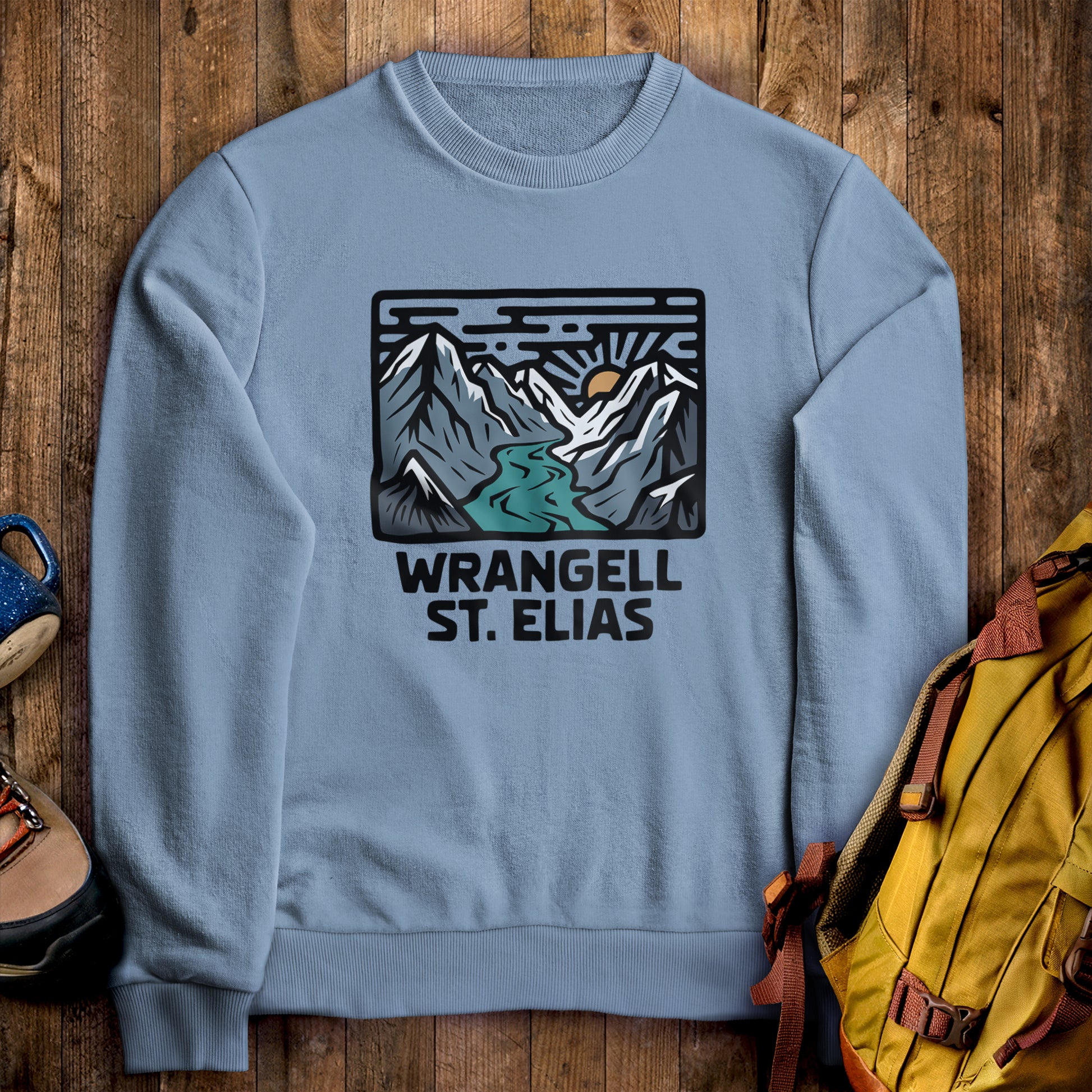 Wrangell-St. Elias National Park Crewneck Sweatshirt Stone Blue Adventure and Outdoors Themed Sweatshirt