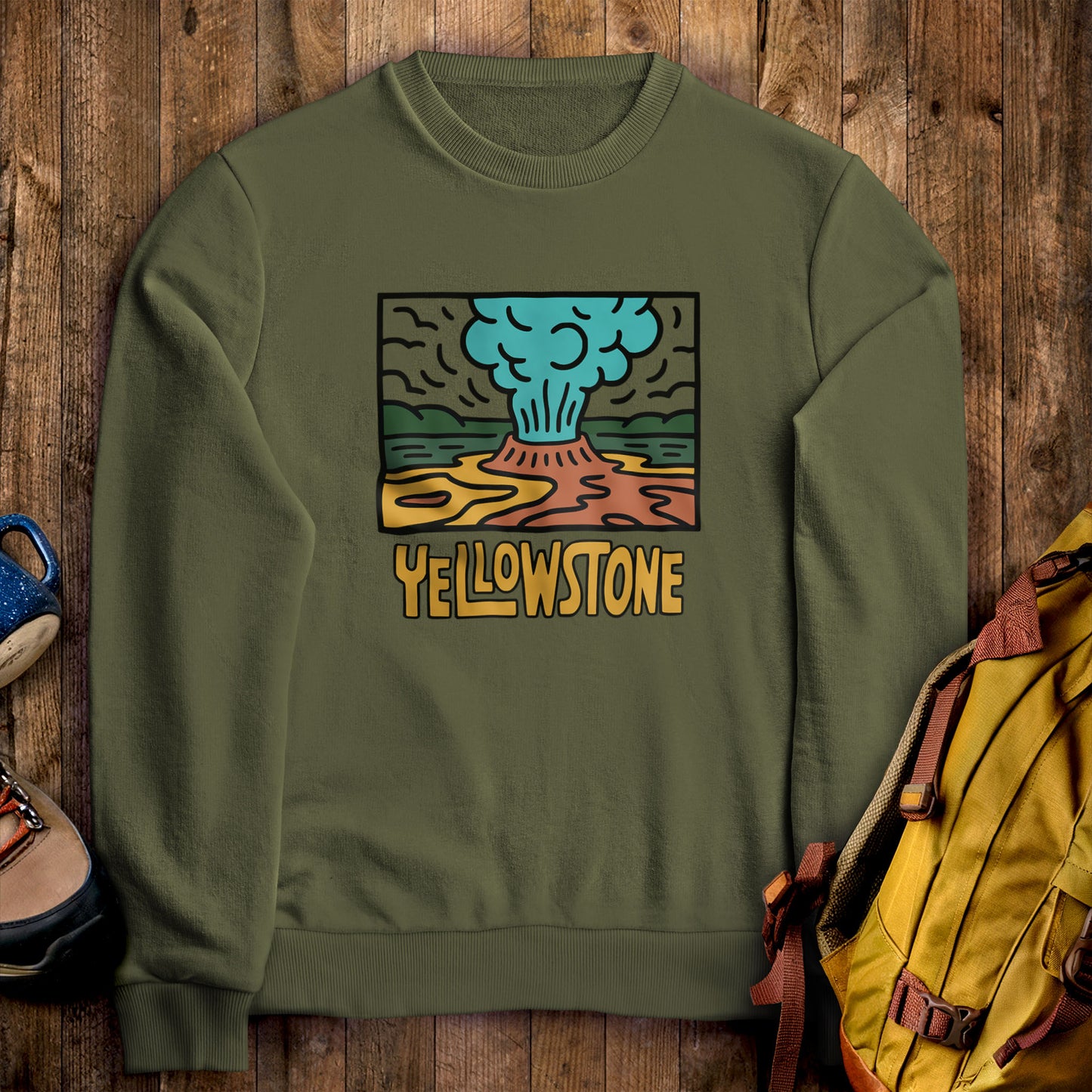 Yellowstone National Park Crewneck Sweatshirt Military Green Adventure and Outdoors Themed Sweatshirt