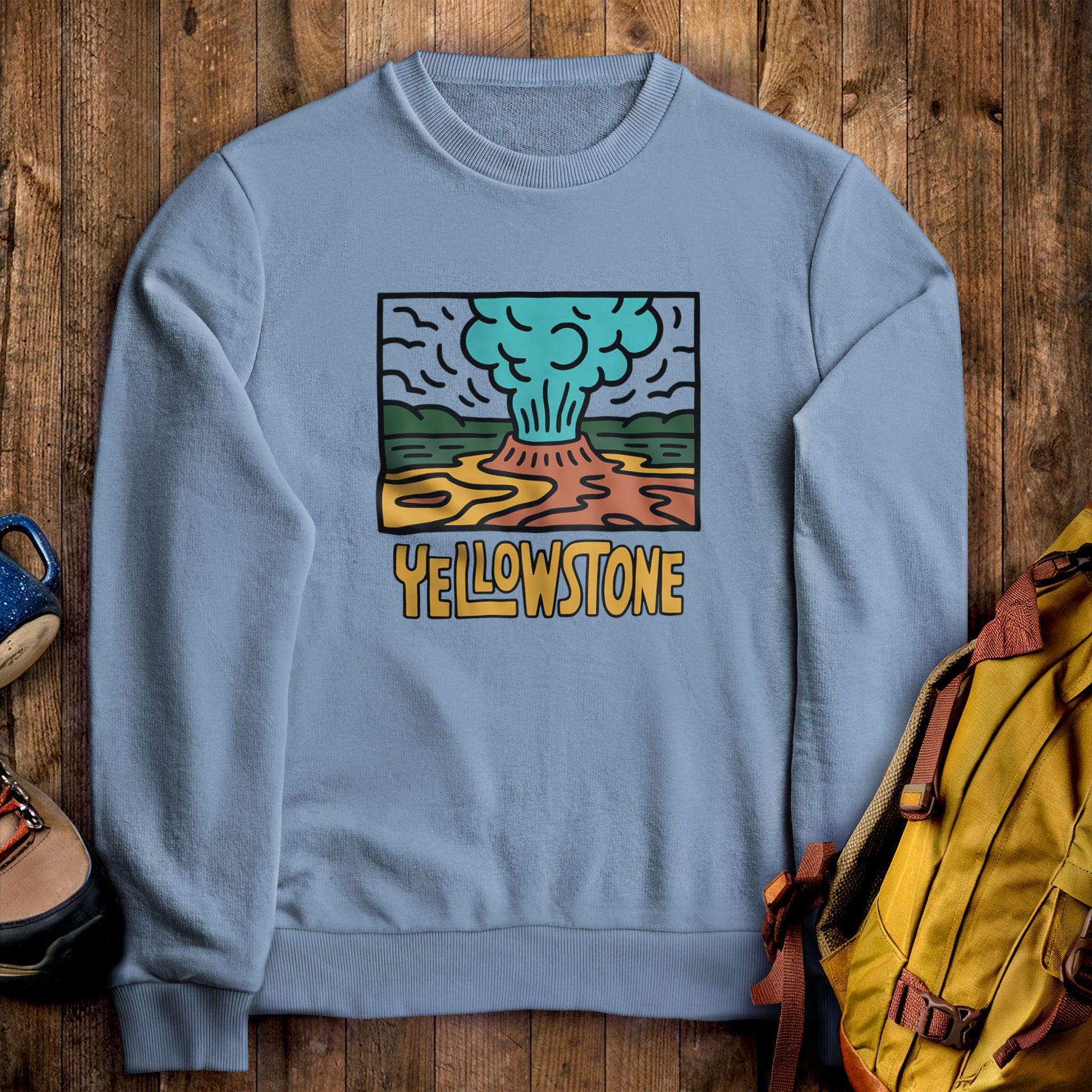 Yellowstone National Park Crewneck Sweatshirt Stone Blue Adventure and Outdoors Themed Sweatshirt