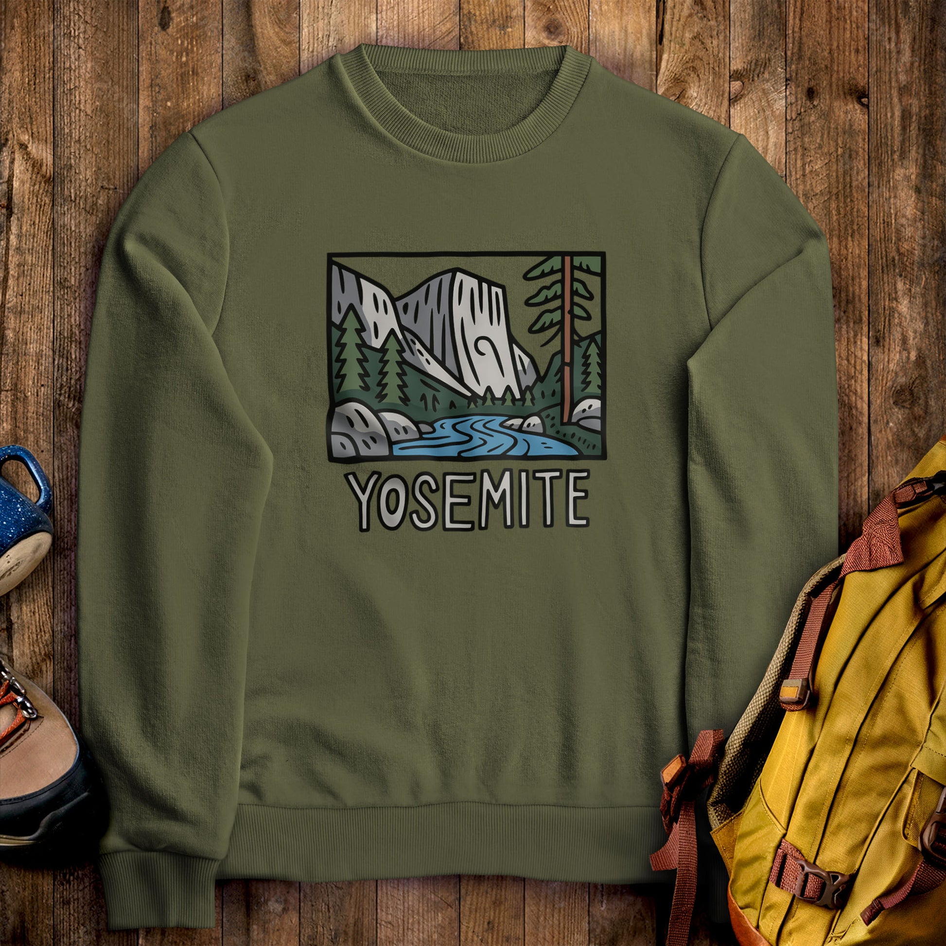 Yosemite National Park Crewneck Sweatshirt Military Green Adventure and Outdoors Themed Sweatshirt