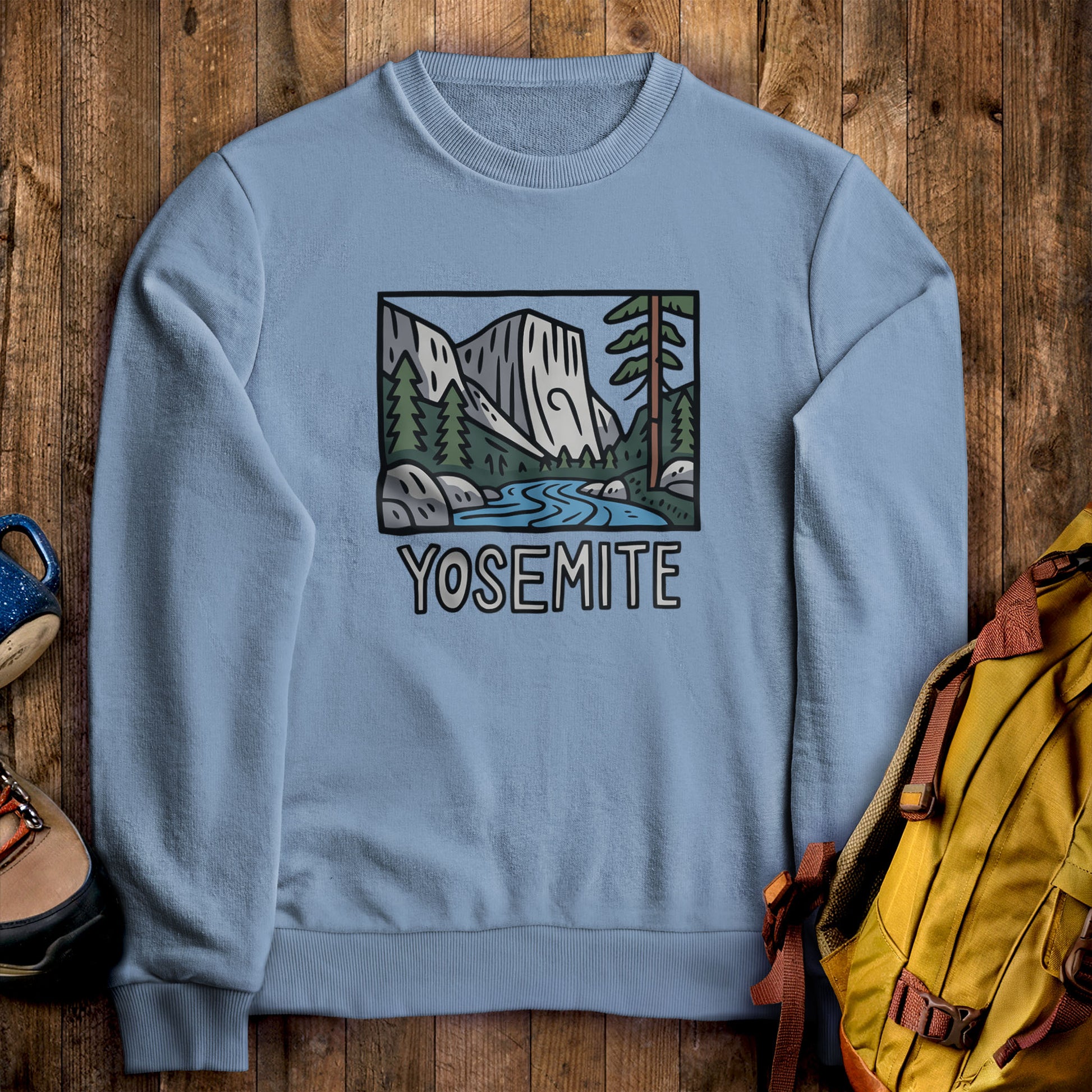 Yosemite National Park Crewneck Sweatshirt Stone Blue Adventure and Outdoors Themed Sweatshirt