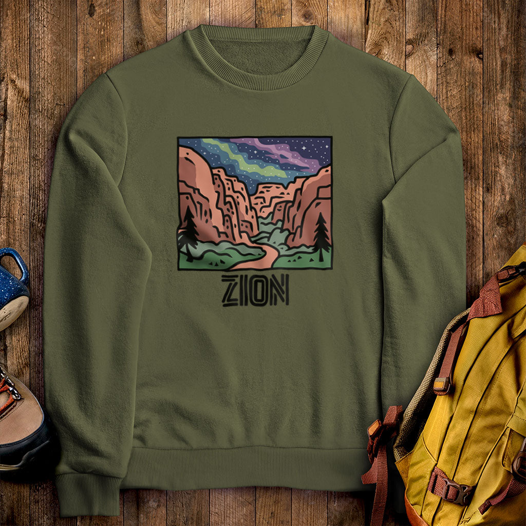 Zion at Night Crewneck Sweatshirt Military Green Adventure and Outdoors Themed Sweatshirt