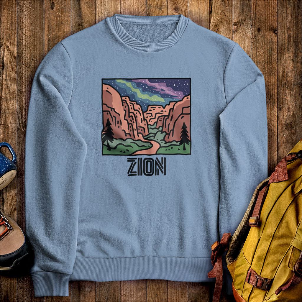 Zion at Night Crewneck Sweatshirt Stone Blue Adventure and Outdoors Themed Sweatshirt