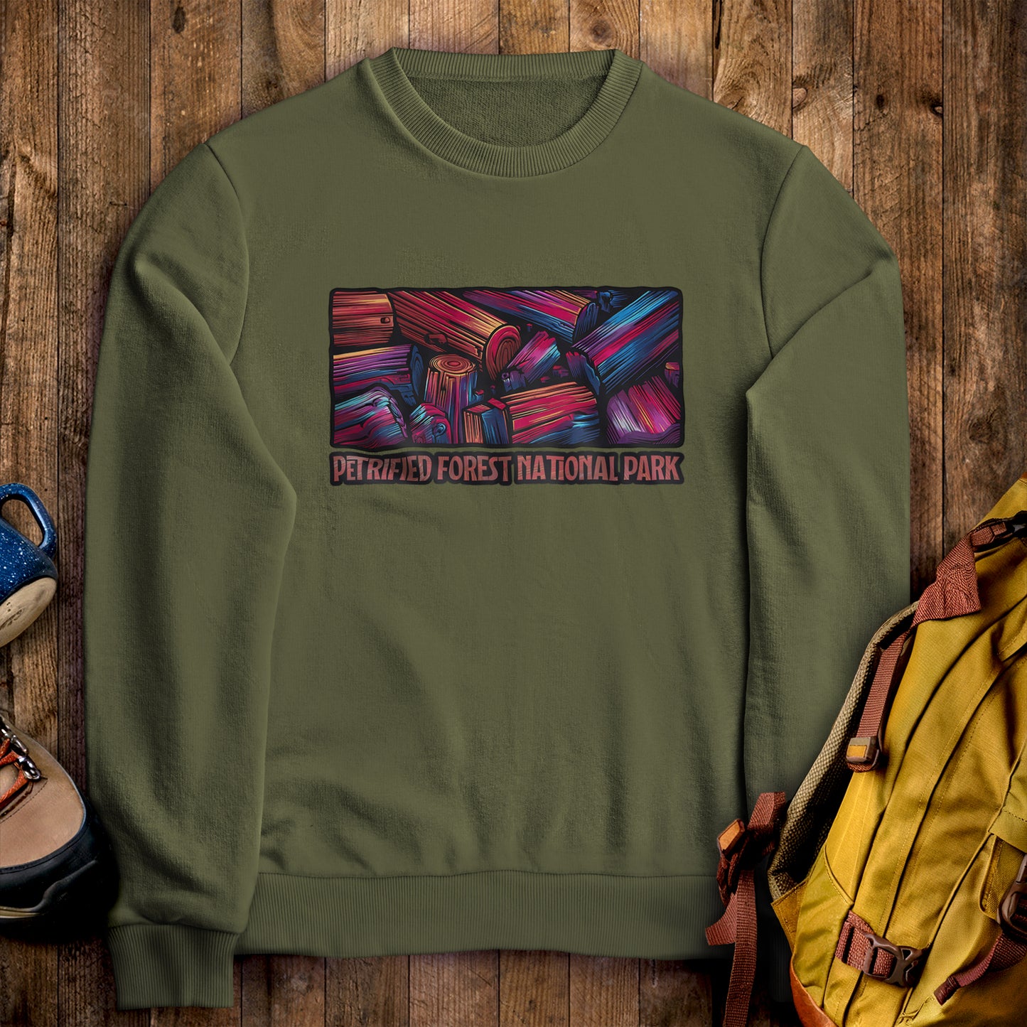 Petrified Forest National Park Crewneck Sweatshirt Military Green Adventure and Outdoors Themed Sweatshirt