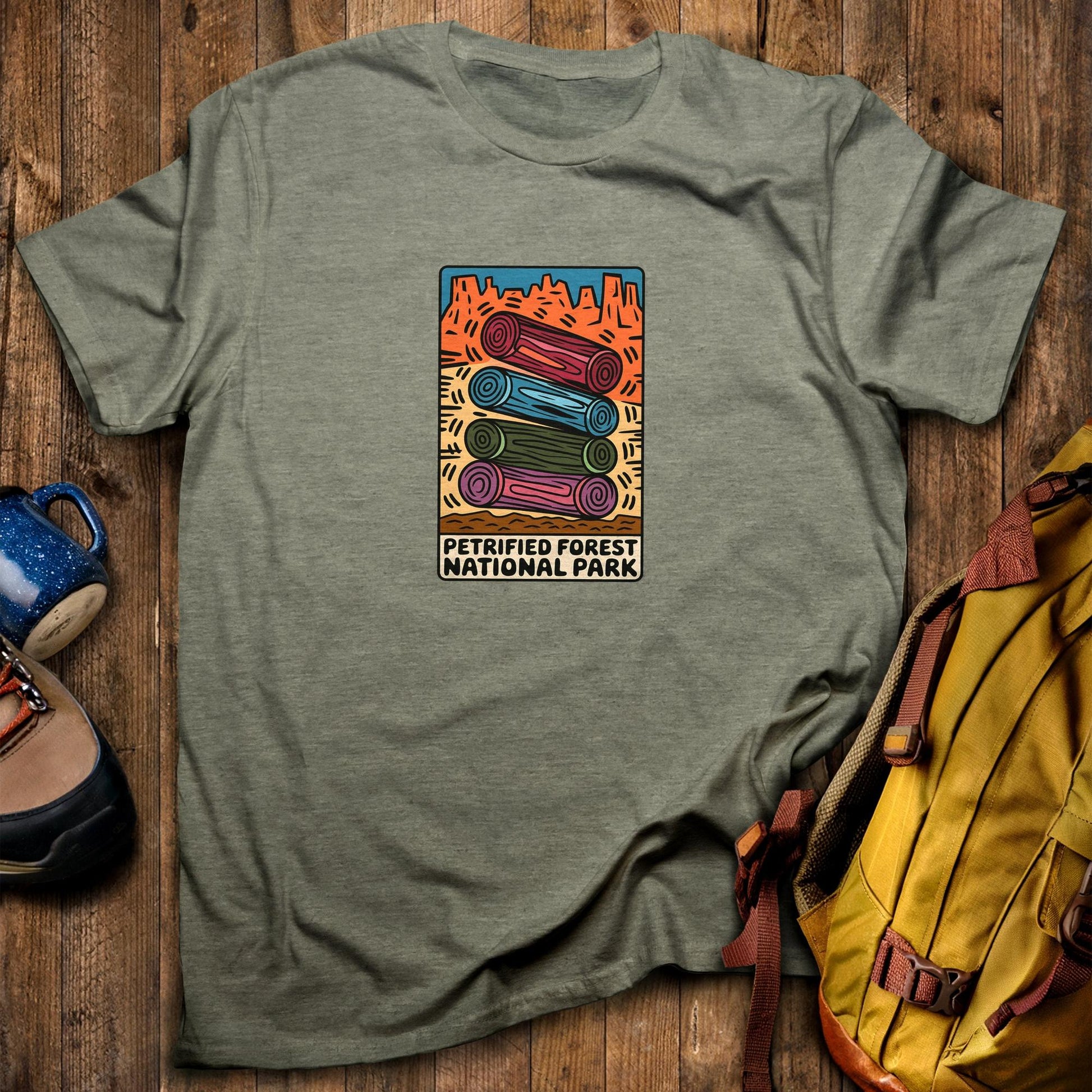 Petrified Forest National Park Logs T-Shirt Heather Military Green Adventure and Outdoors Themed T-Shirt